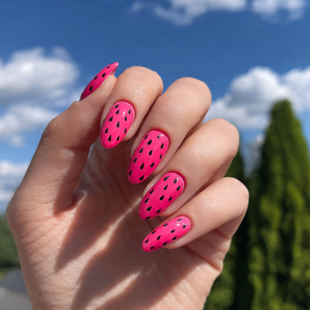 attractive watermelon pink nails with outdoor back