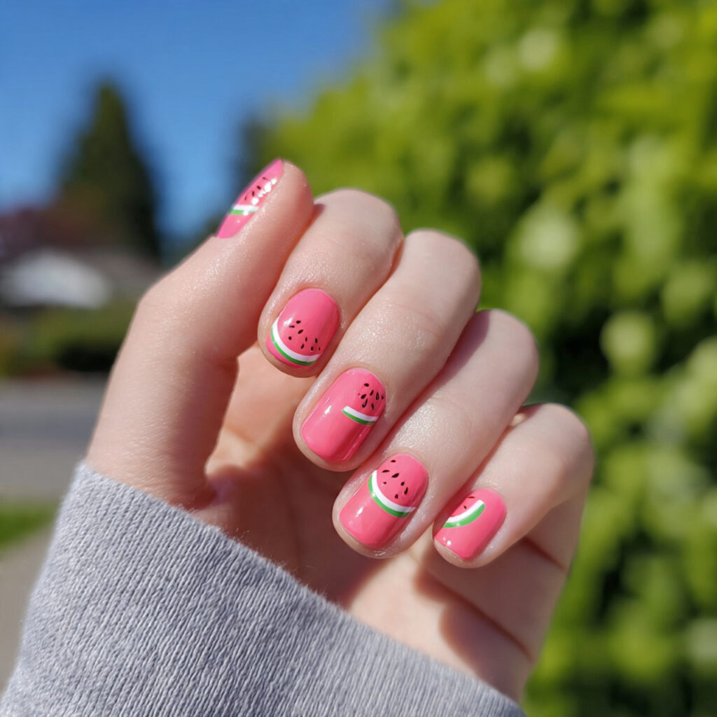 attractive watermelon pink nails with summer outdo