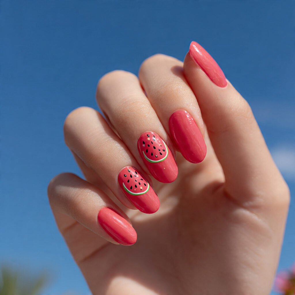 attractive watermelon pink nails with tiny detail