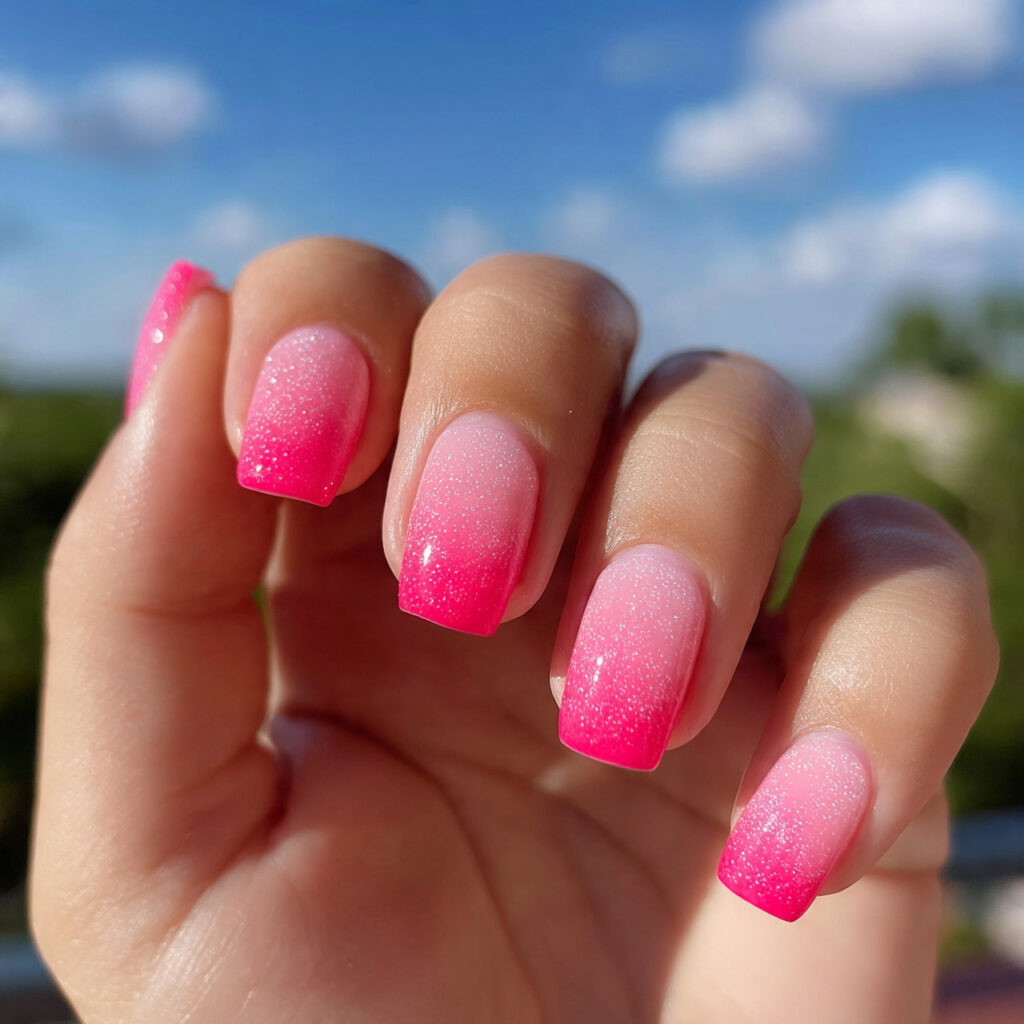 attractive watermelon pink ombre nails with outdoo