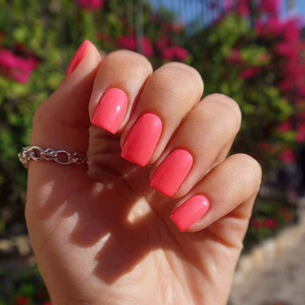 attractive watermelon pink short acrylic nails wit 1