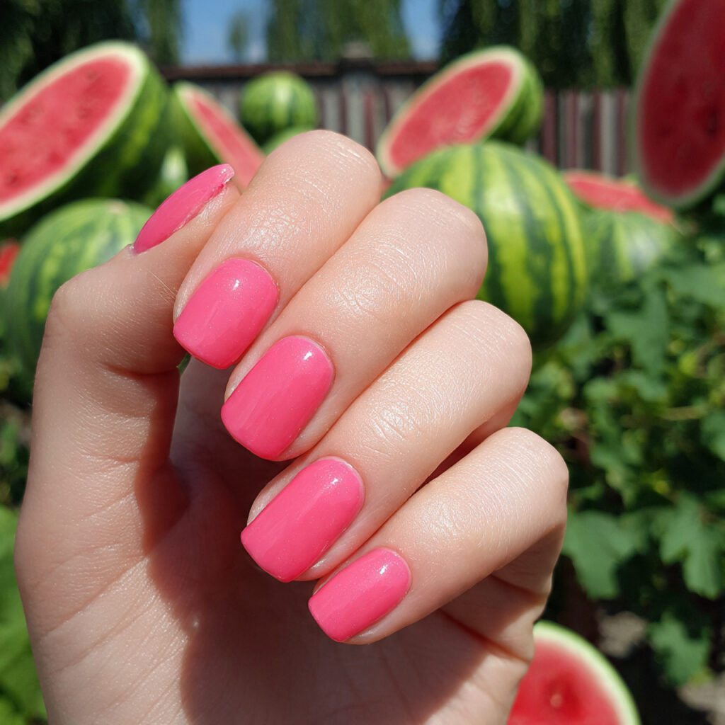 attractive watermelon pink short acrylic nails wit