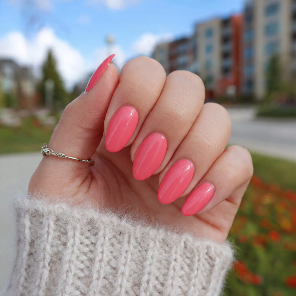 attractive watermelon pink short almond nails with