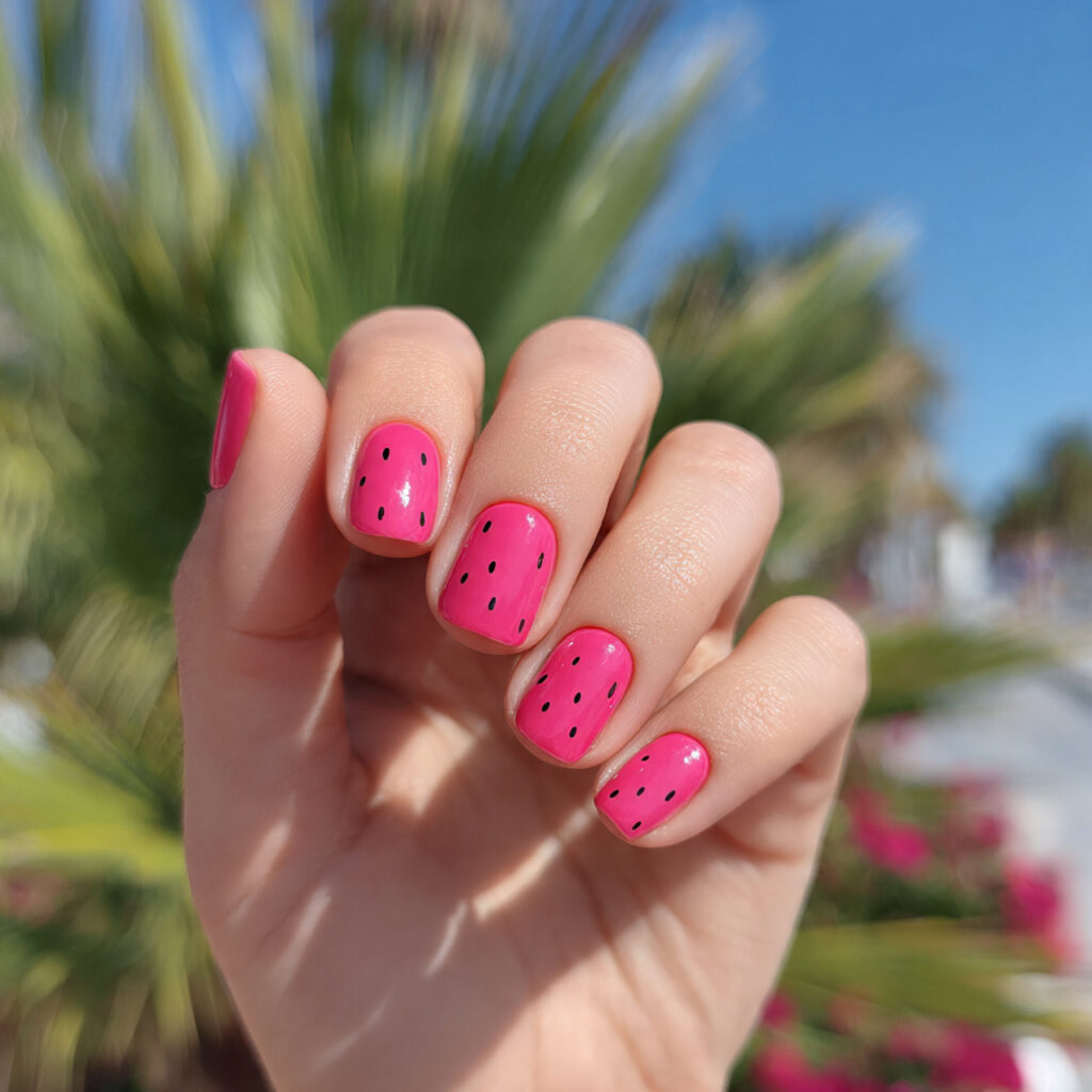 attractive watermelon pink short nails with outdoo 1