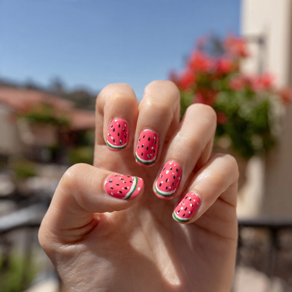 attractive watermelon pink short nails with outdoo