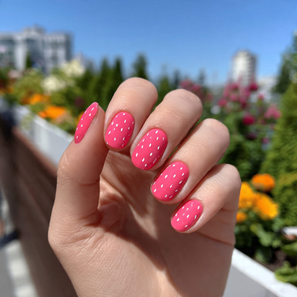 attractive watermelon pink short nails with outdoo 2