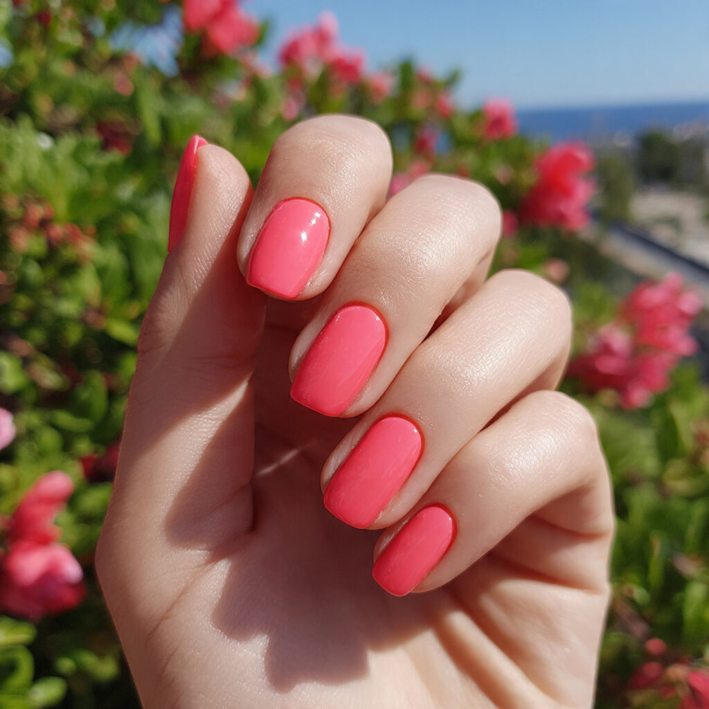 attractive watermelon pink short nails with outdoo 3