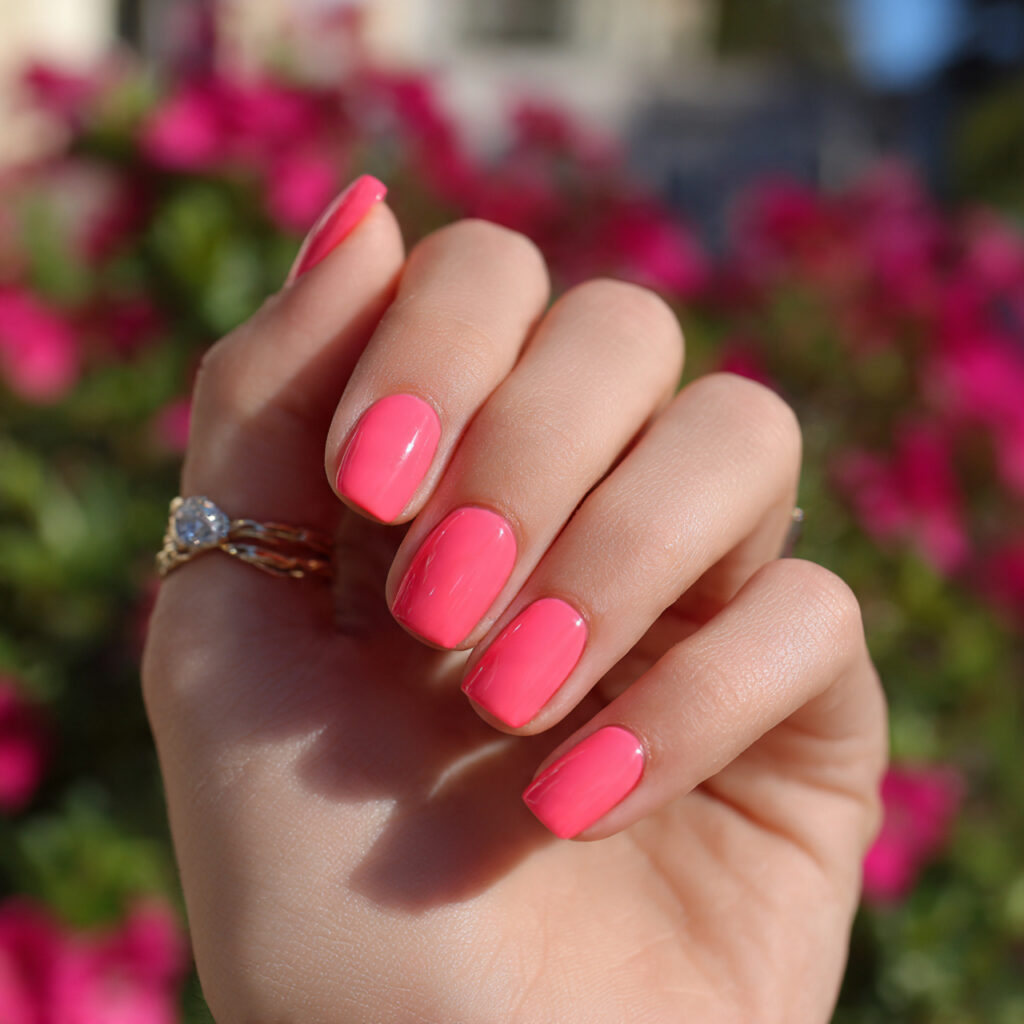 attractive watermelon pink short square nails shor