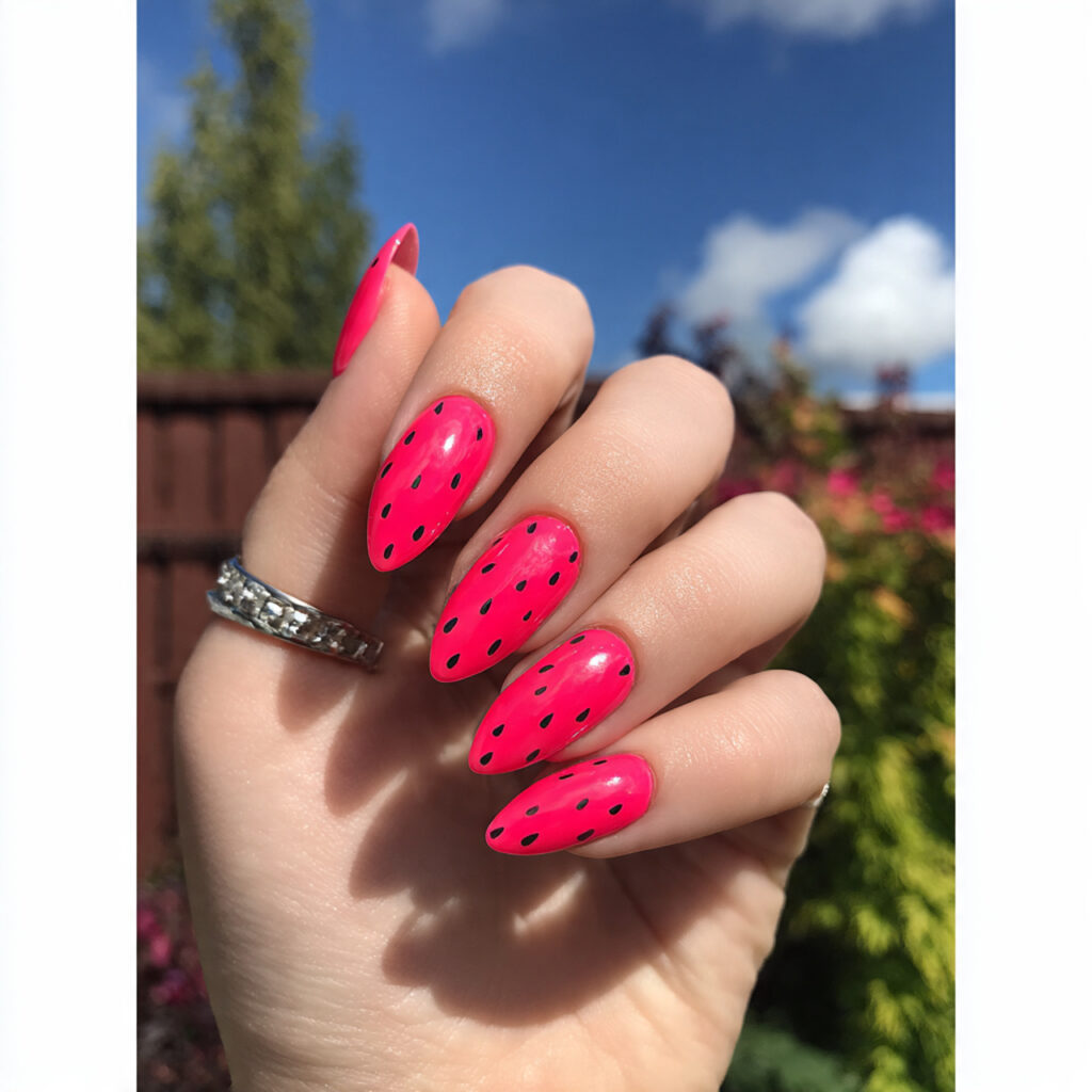 attractive watermelon pink stiletto nails with out