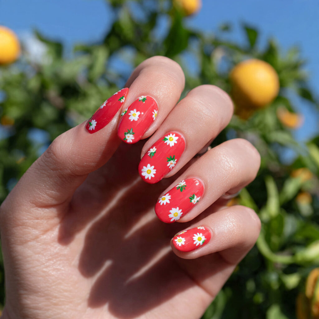 attractive watermelon red with tiny daisies nails