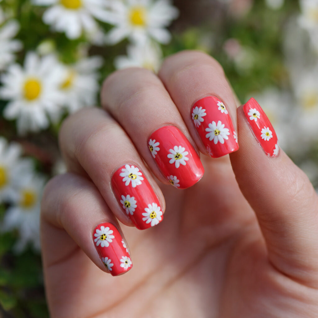attractive watermelon red with tiny white daisies
