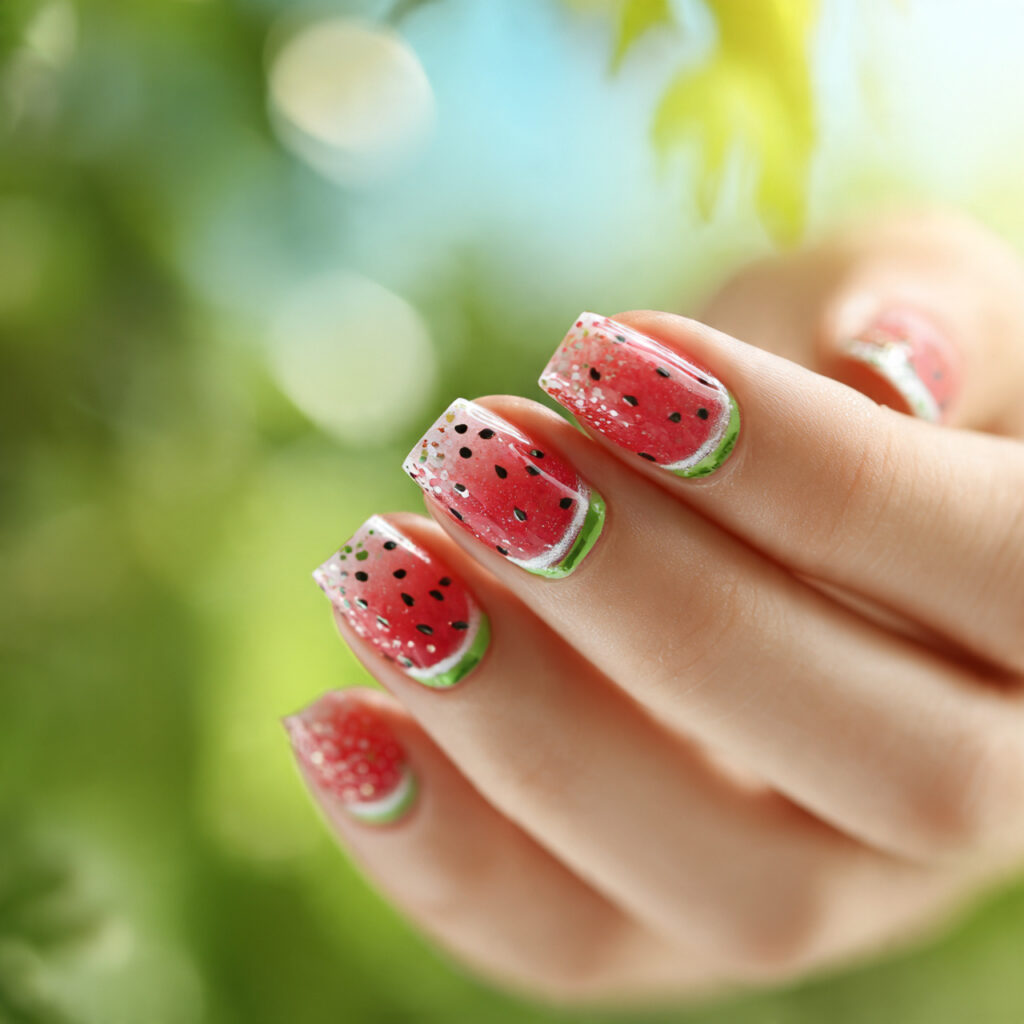 attractive watermelon tips with tiny seeds nails w
