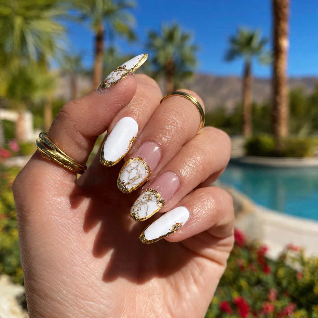attractive white and gold french almond nails with