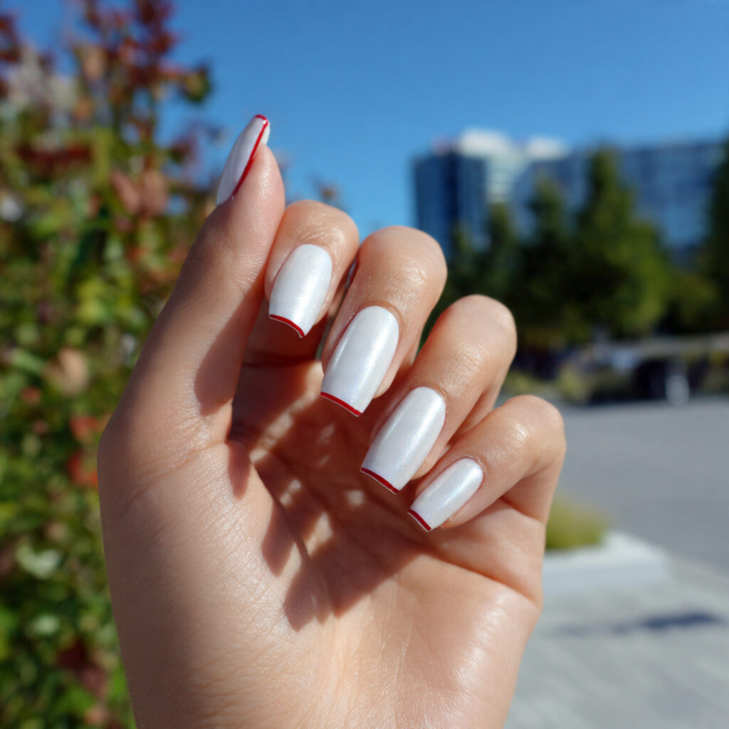 attractive white chrome with red outline nails wit