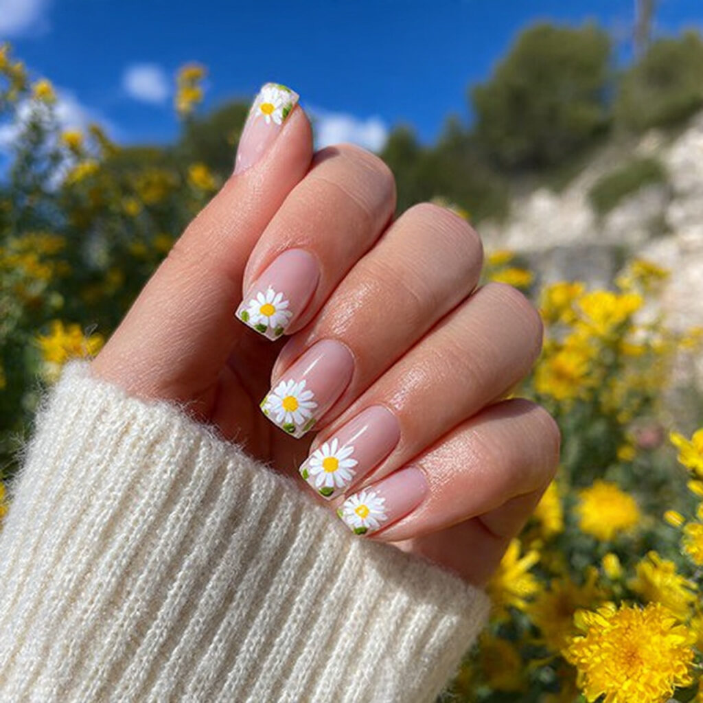 attractive white daisy french nails with summer ou