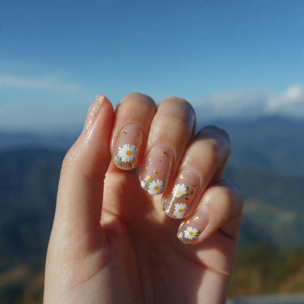 attractive white daisy nails on a sheer simple bas