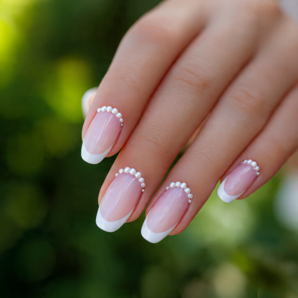 attractive white french tips with tiny pearls with