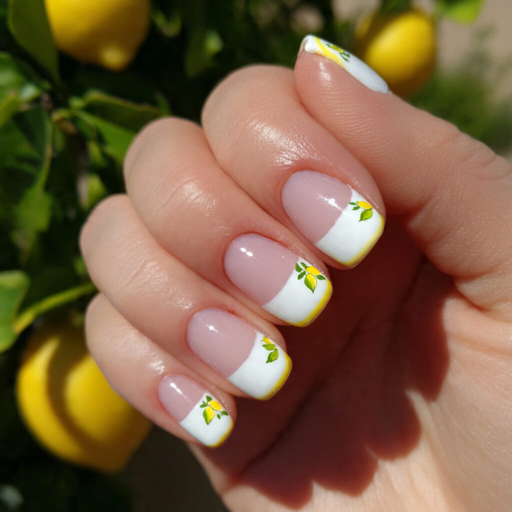 attractive white nails with lemon accent tips nail