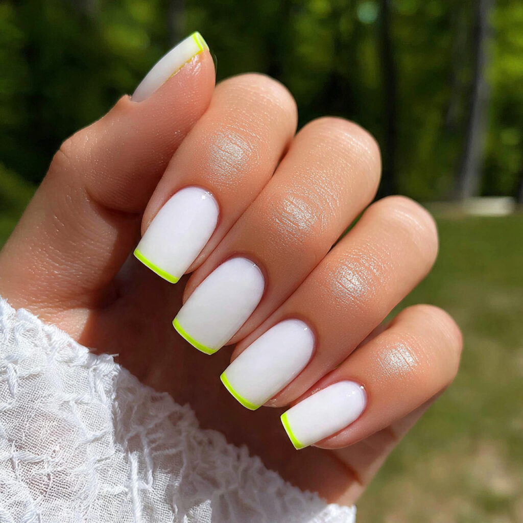 attractive white nails with neon outline tips nail