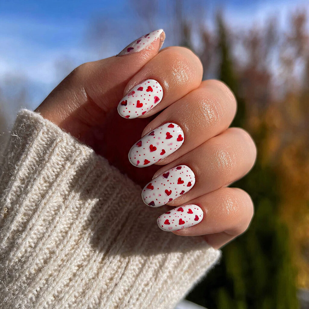 attractive white nails with red micro hearts nails