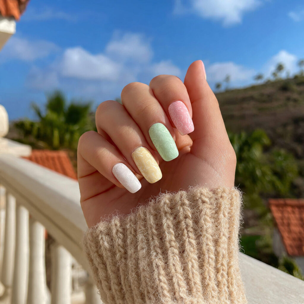attractive white skittle nails with soft pastels n