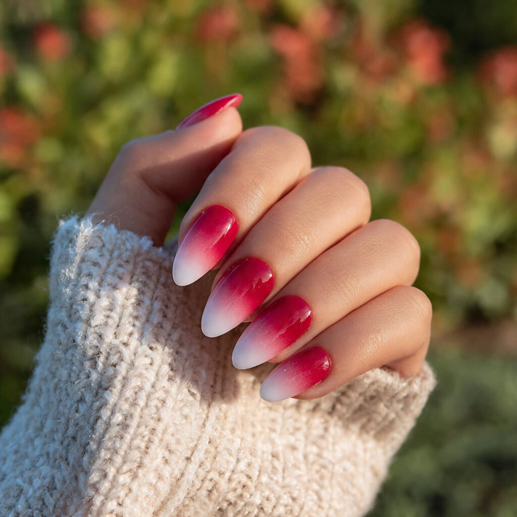 attractive white to red ombre almond nails with ou