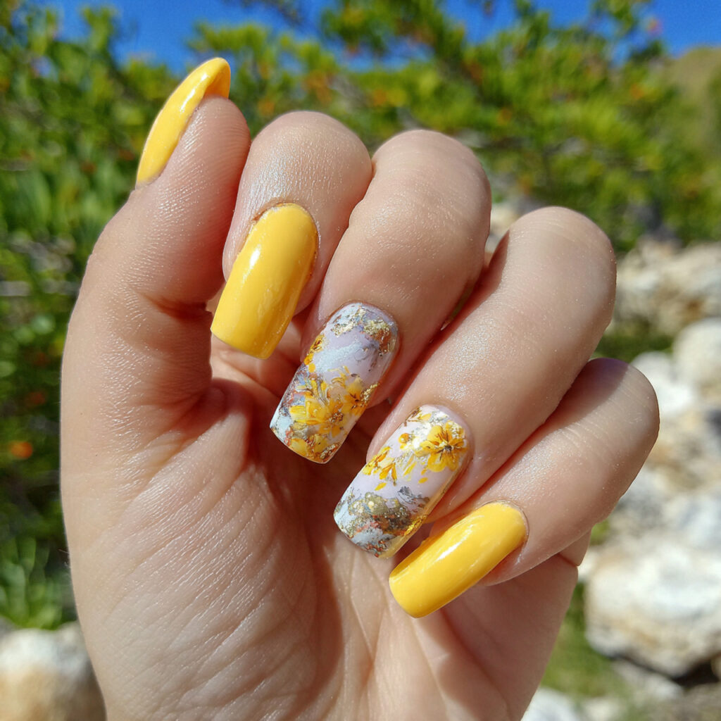 attractive yellow accent nail with milky set nails