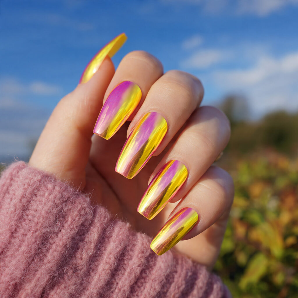 attractive yellow and pink chrome nails with outdo