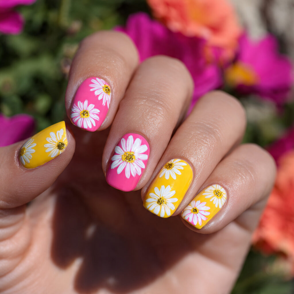 attractive yellow and pink daisy nails with outdoo