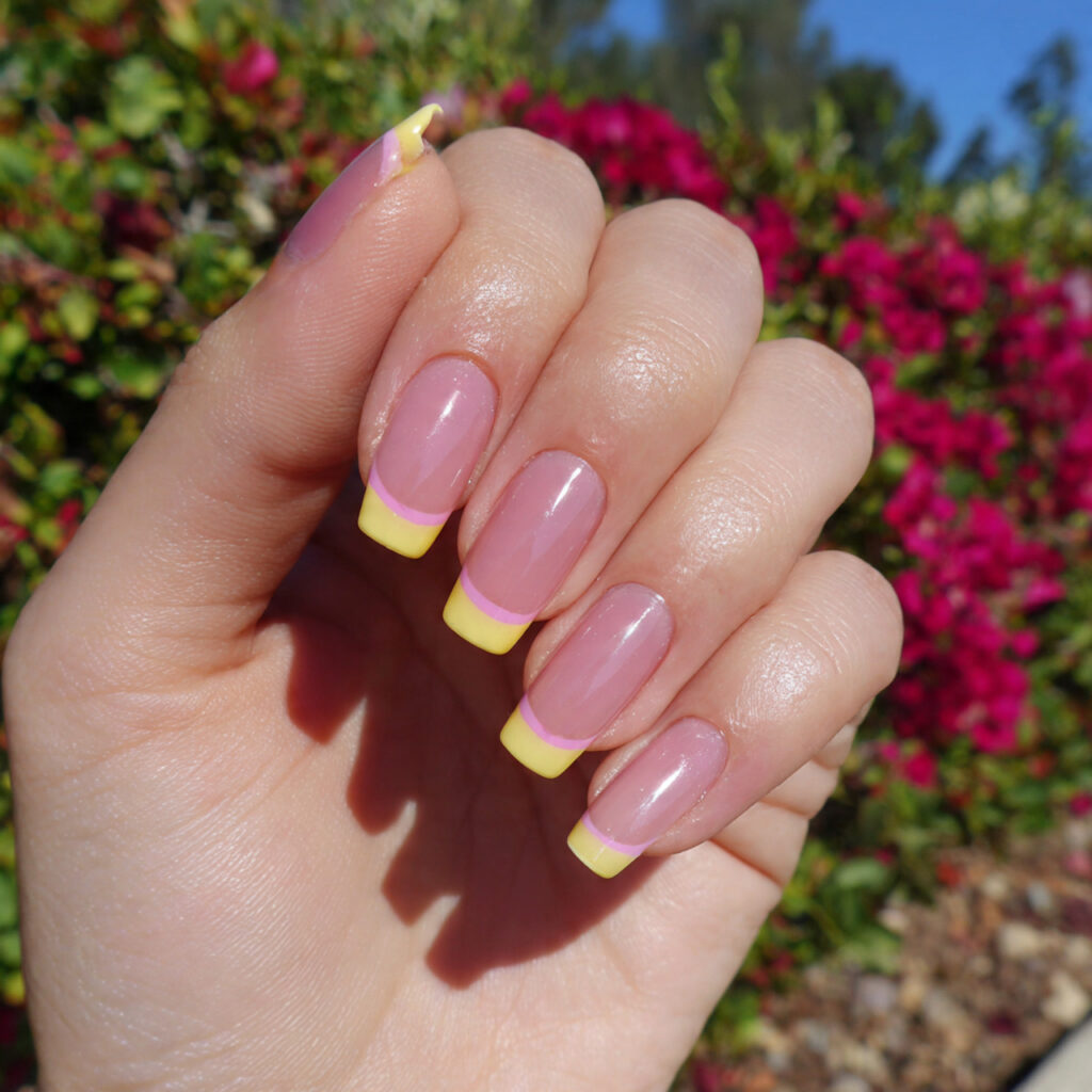 attractive yellow and pink french tip nails with o
