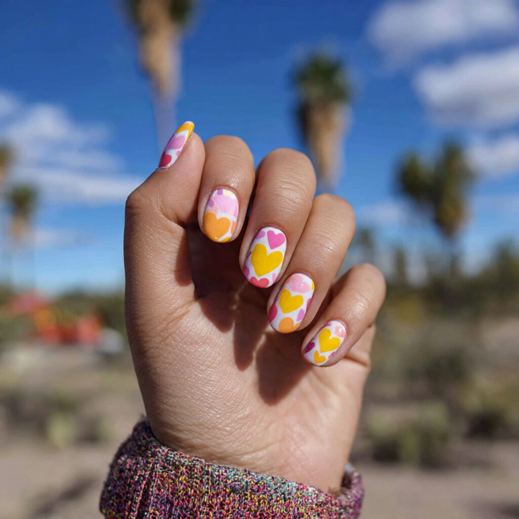 attractive yellow and pink heart nails with outdoo 1
