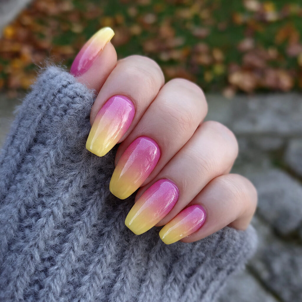 attractive yellow and pink ombr nails with outdoor
