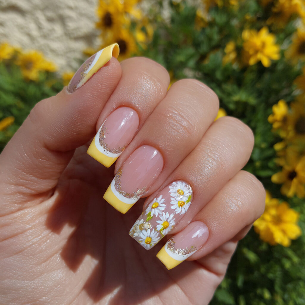 attractive yellow french with daisy accent nail na