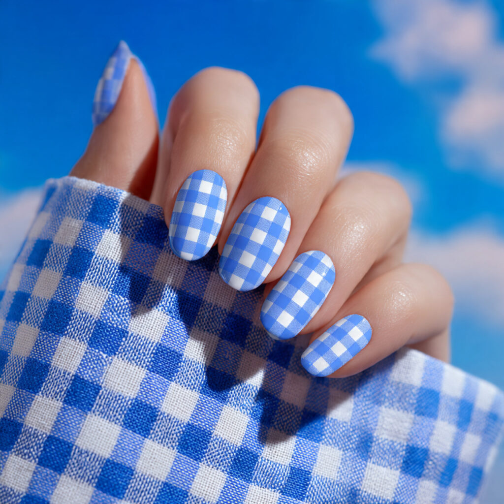 attractiveblue and white gingham picnic nails nail