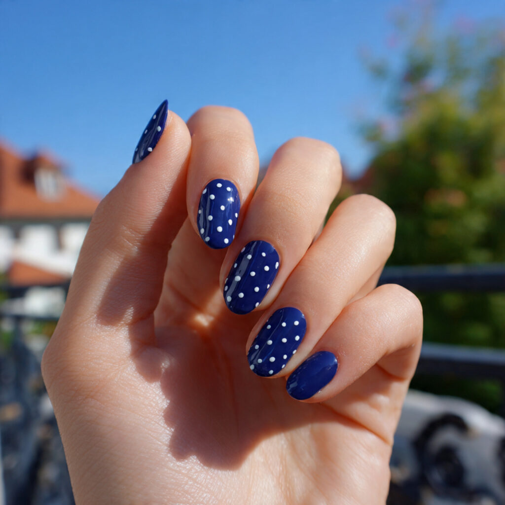 attractiveblueberry dot nails with outdoor backgro