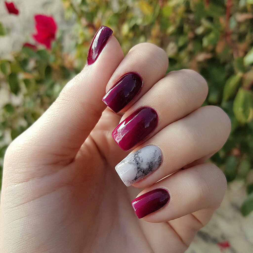 attractiveburgundy ombre with marble accent nails