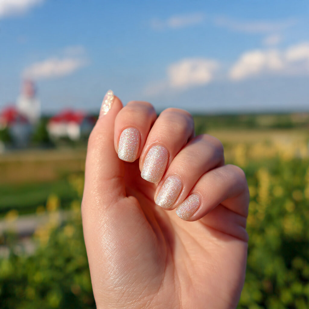 attractivechampagne shimmer square nails with outd