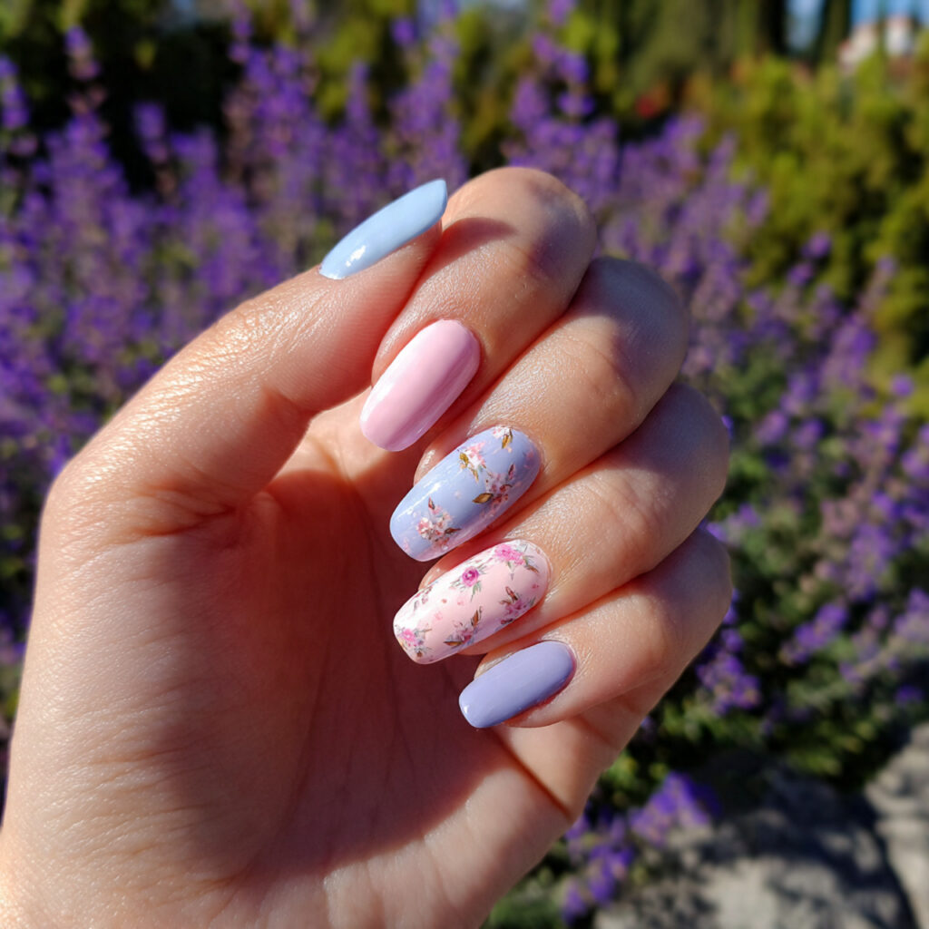 Nail Inspo 2026: 14 Aesthetic Nail Ideas That Feel So Fresh, Soft, and Trendy 12 attractivemismatched pastel nails with outdoor bac