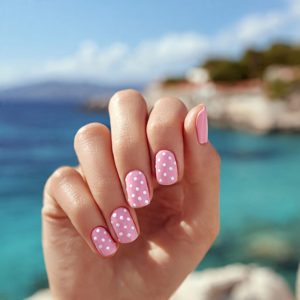 attractivepearl pink nails with white dots with ou