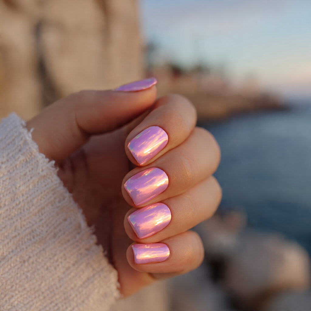 attractivepink chrome short nails with outdoor sum