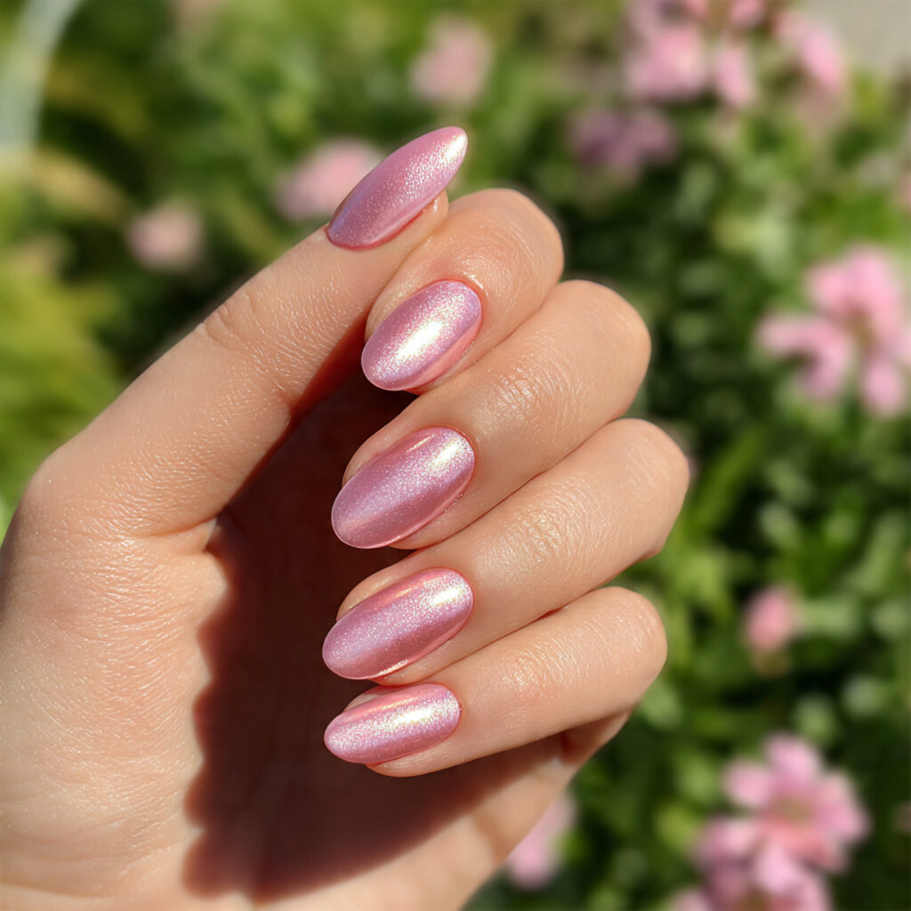 attractivepink pearl shimmer nails with summer out