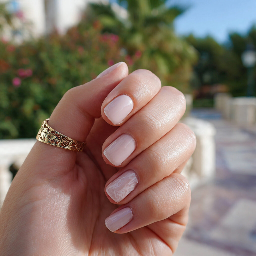 attractivevanilla cream short nails with outdoor b