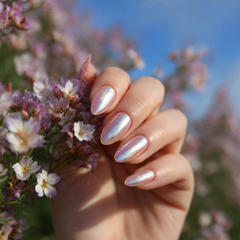 attractivevanilla sheer chrome almond nails with s