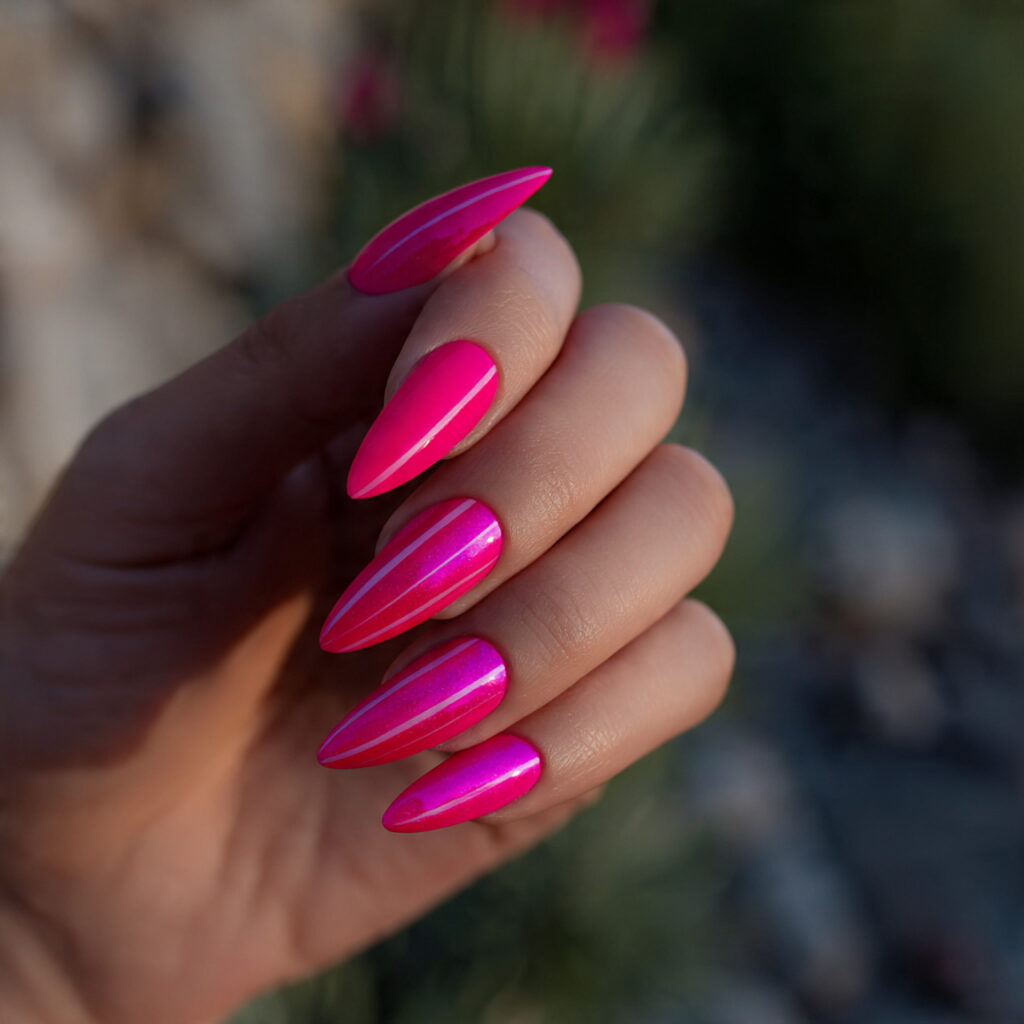 hot pink cat eye nails outdoor background