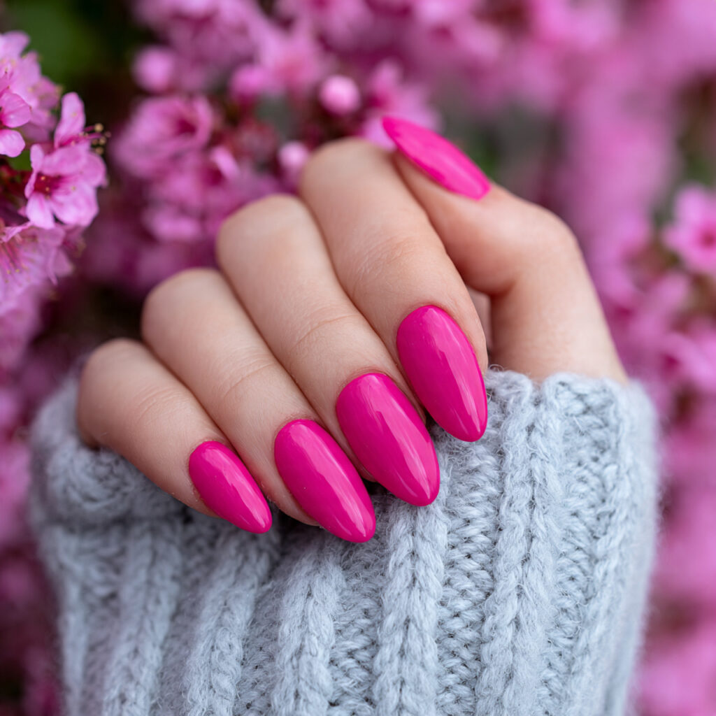 ttractive bright pink almond nails with outdoor ba