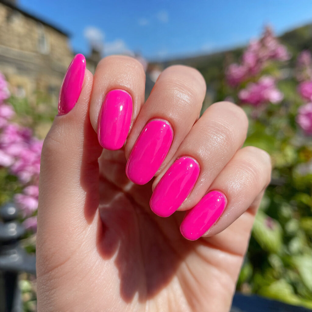 ttractive bubblegum bright pink nails with outdoor