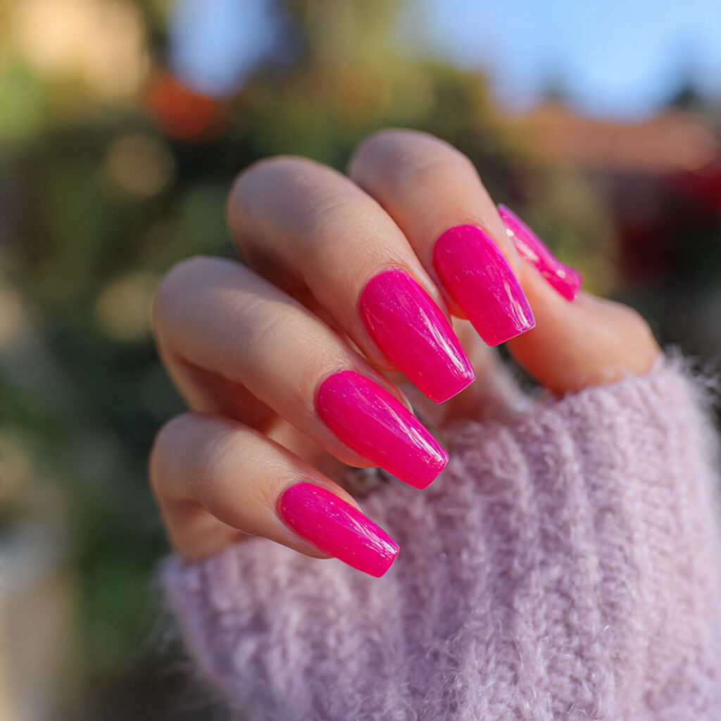 ttractive jelly bright pink nails with outdoor bac