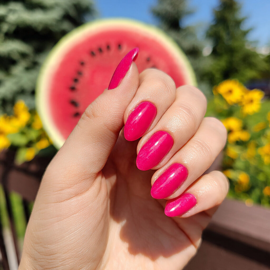 ttractive watermelon bright pink nails with outdoo