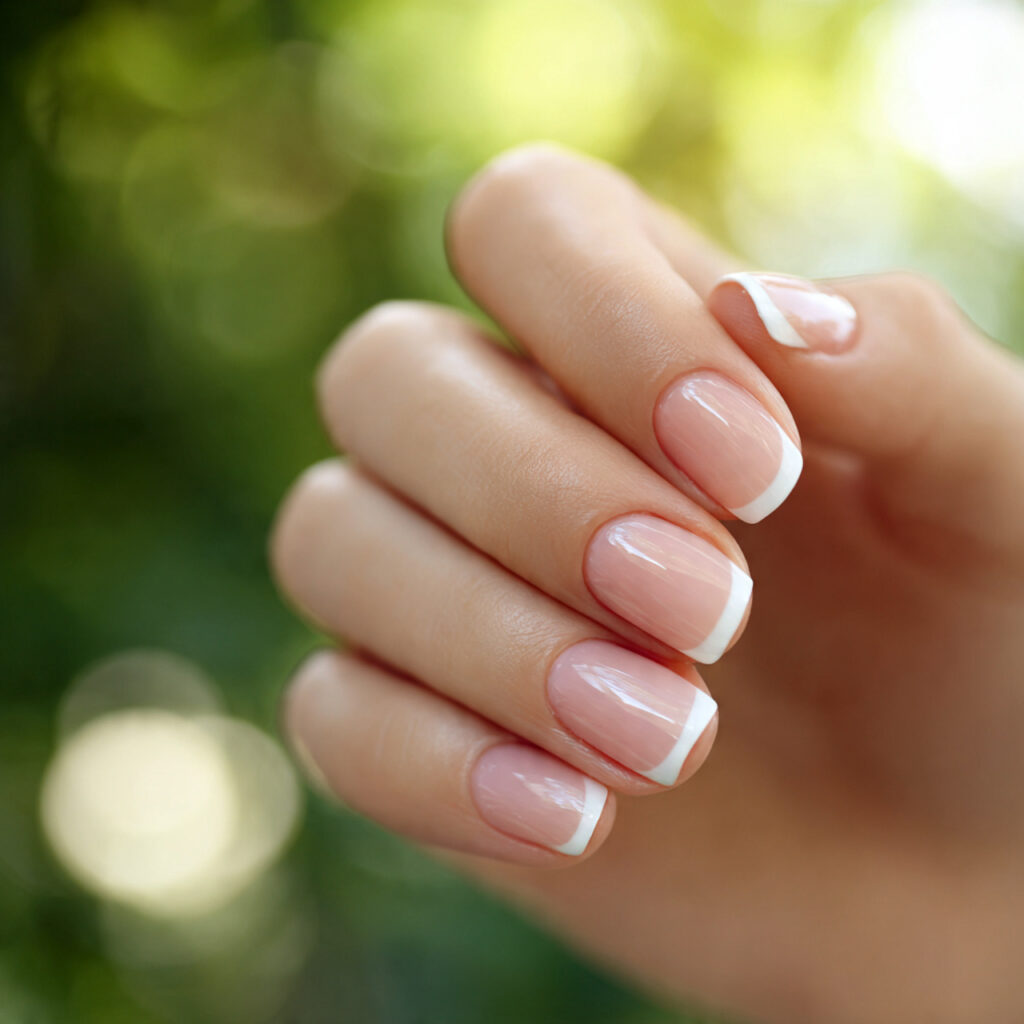 Summer Nails French: The Soft, Sunny Twist Everyone’s Obsessed With 2 a close up of one attractive hand with classic whi