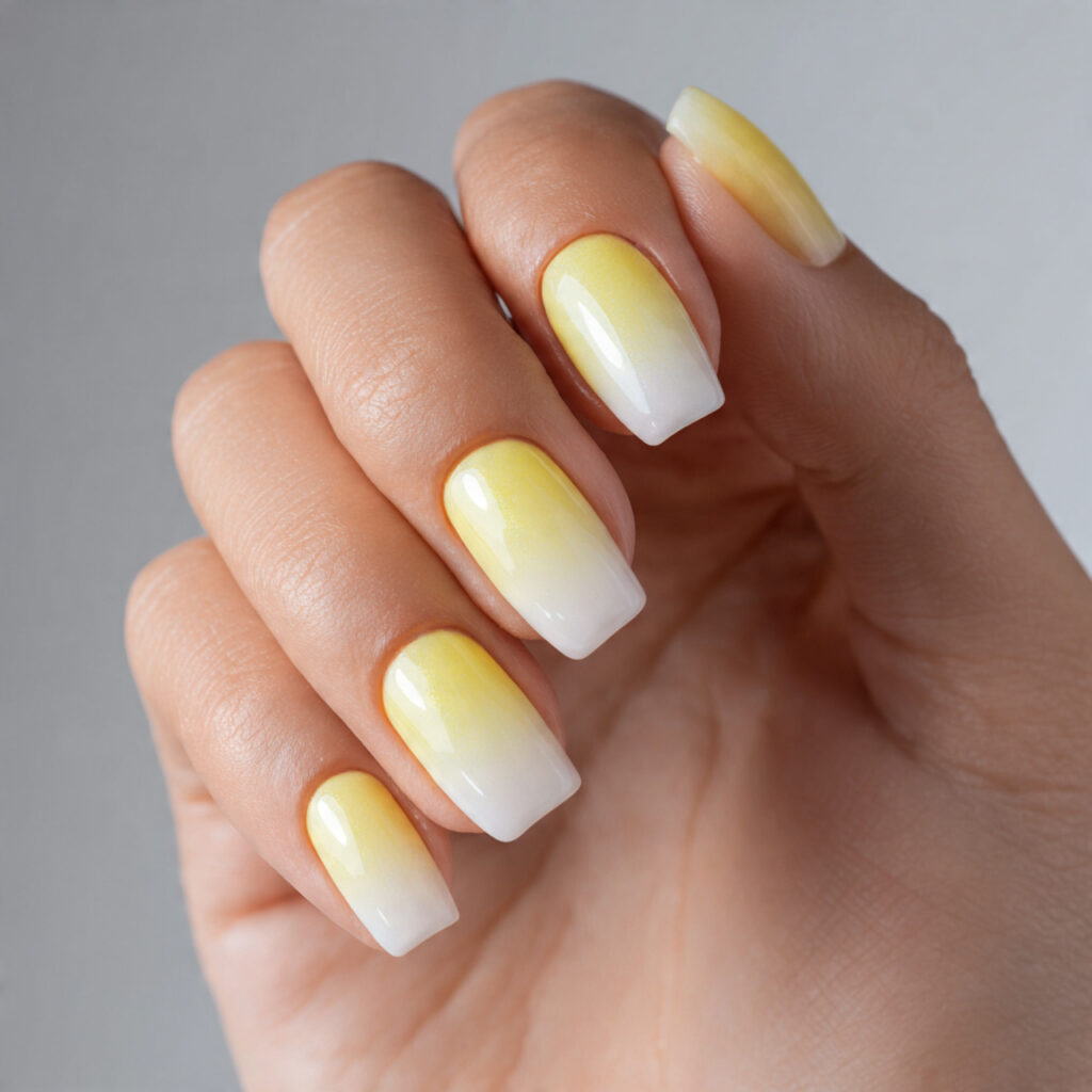 Summer Ombre Nails: Soft Blends & Sunlit Color Dreams 5 a single hand with attractive glossy lemon yellow